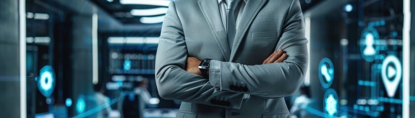 Male CEO in light grey suit, torso view, key icon backdrop, futuristic city setting, highlighting data access, advanced tone, Tetradic color scheme
