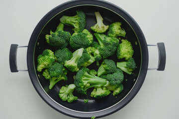 Top view of a pan with fresh steamed broccoli isolated on white background. Generative AI.