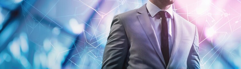 Male CEO in light grey suit, torso view, networking at global forum, sleek conference room backdrop, symbolizing global corporate influence, digital tone, Triadic Color Scheme