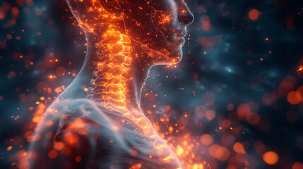 Spinal health visualization Man spinal pain due to ankylosing spondylitis glowing depiction of spinal fusion and inflammation