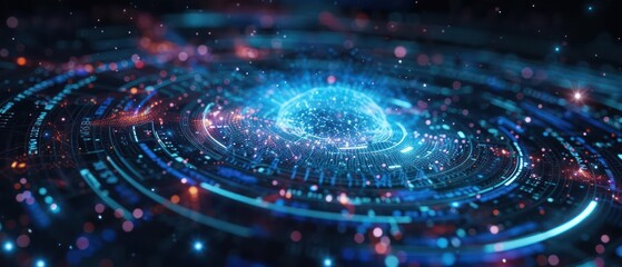 Closeup of a holographic galaxy map with star coordinates, with copy space