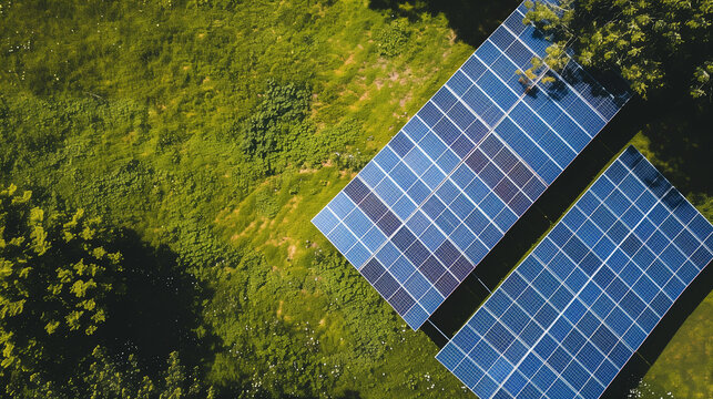 Picture of a solar park using renewable energy and abundant vegetation that produces electricity
