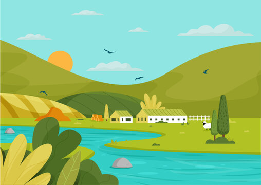 Paysage vectoriel color&eacute; - Prairie, cours d'eau, champs, montagnes et ferme - Environnement positif et naturel &eacute;ditable - Couleurs vives pour illustrer une activit&eacute; agricole ou environnemental