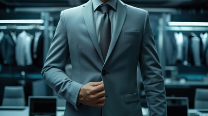 Male CEO in light grey suit, torso view, password entry field backdrop, modern office setting, representing secure login, cybernetic tone, Analogous Color Scheme