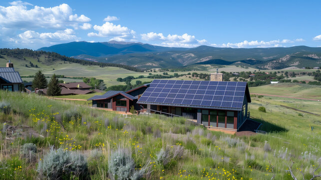 Picture of a solar park using renewable energy and abundant vegetation that produces electricity