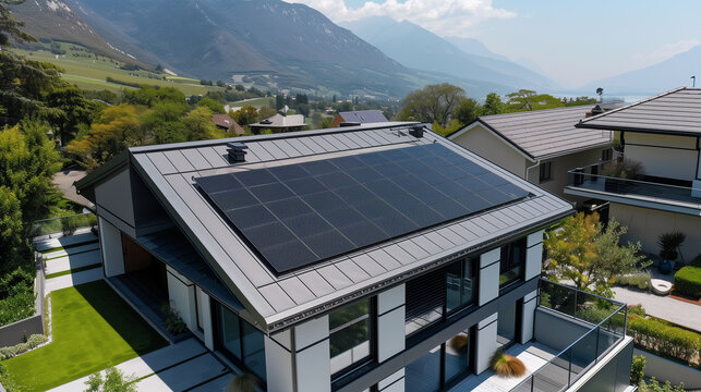 Picture of a solar park using renewable energy and abundant vegetation that produces electricity
