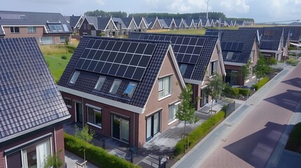 Newly build houses with solar panels attached on the roof  Black solar photovoltaic panels on a house roof green energy transition in the Netherlands solar power energy : Generative AI