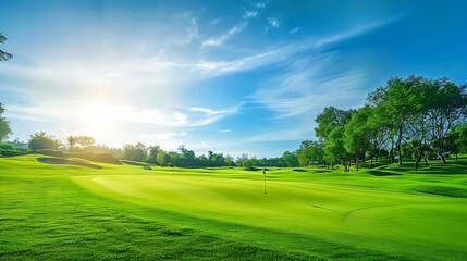 Beautiful golf course landscape on sunny day beautiful green background : Generative AI