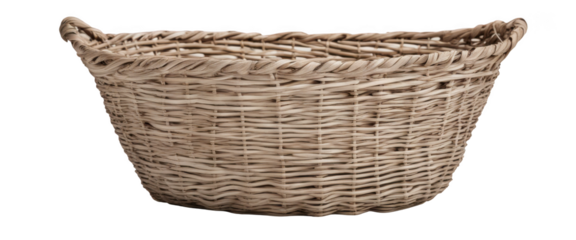 Traditional handwoven wicker basket with handles isolate on transparent background, cutout, png