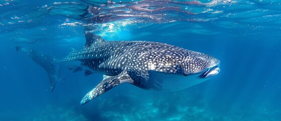 Majestic whale shark swimming gracefully in crystal-clear blue ocean water, showcasing its stunning spotted pattern and serene presence.