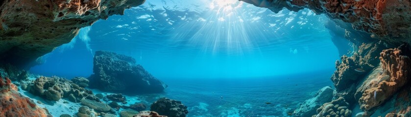 Fototapeta premium Panoramic view of an underwater cave with sunlight streaming through clear blue waters and vibrant marine life.