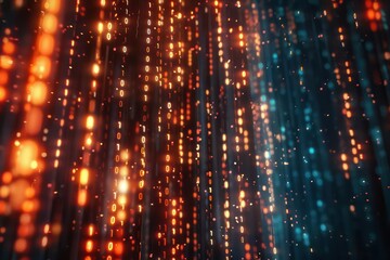 Closeup of glowing binary code cascading down a screen, with copy space