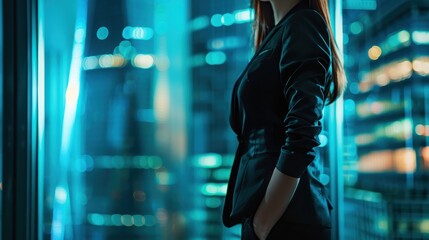 Female CEO in black suit, torso view, padlock backdrop, modern office setting, representing security measures, cybernetic tone, Analogous Color Scheme