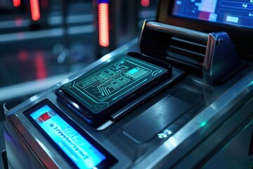 Naklejka premium Detailed view of a cyber travel card being scanned at a hightech terminal, with space for text