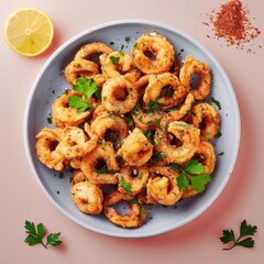 Crispy Fried Calamari Rings with Lemon and Parsley on a Blue Plate