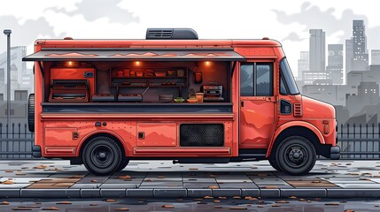 Stylized Red Food Truck With Grill in Urban Street Setting