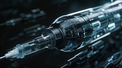 Detailed view of a futuristic syringe with digital dosage control, with copy space