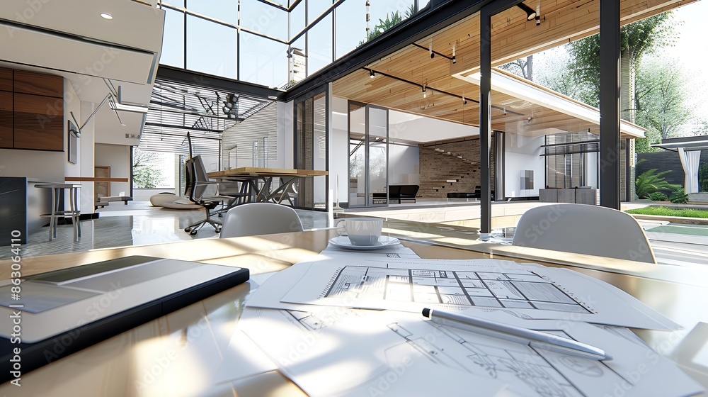 Aufkleber The home design architects are reviewing the house plan draft the project commissioned by the client and the custom design before delivery Interior design and decoration ideas : Generative AI