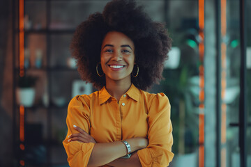 Young woman with black power hairstyle confident with arms crossed in office. Generative AI.
