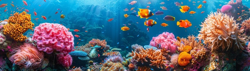 Vibrant underwater coral reef teeming with colorful fish and diverse marine life in clear blue ocean waters.