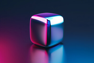 A three-dimensional holographic colorful cube on a colorful gradient background. Generative AI.