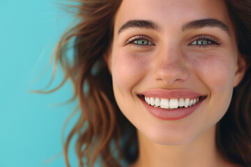 Face of a beautiful smiling young woman with blue eyes on blue background. Generative AI.