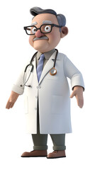 Fototapeta premium Senior male physician character with a mustache wearing a stethoscope stands ready for consultation isolated on a plain transparent