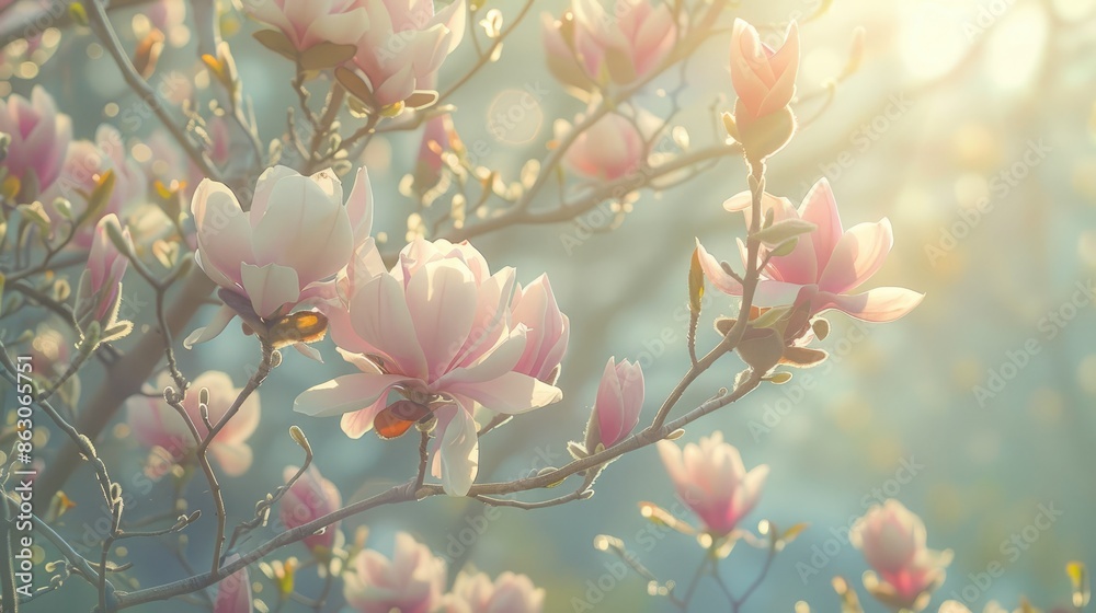 Poster magnolia tree branch with fully bloomed flowers in the soft morning sunlight spring scene in the par