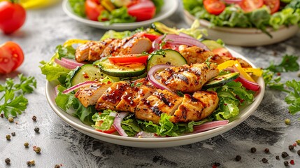 Colorful salad with grilled chicken on marble table.