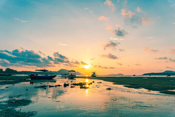 amazing pink sky in Dramatic Sunrise..dramatic sky with colorful clouds above fishing...