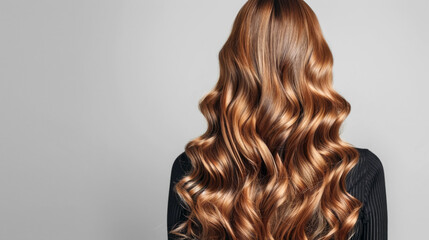 Fototapeta premium A woman with wavy red hair viewed from behind, displaying her shiny curls