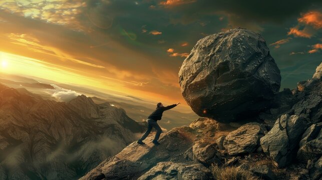 Man in sisyphean task, pushing stone uphill, depicted in realistic photo of enduring struggle