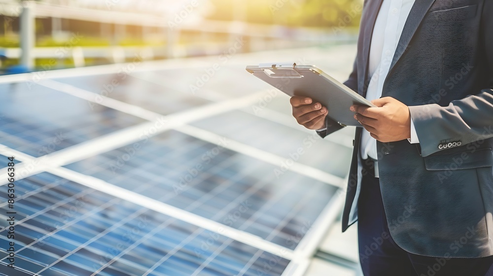 Poster Electrical engineer with businessman discussing new project installation solar cell panel on the roof of building Alternative energy concept : Generative AI