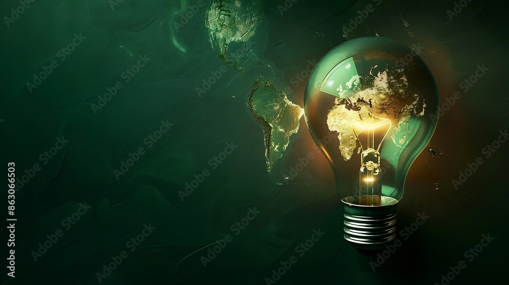 Poster a light bulb with a green world map symbolizes renewable and sustainable energy sources for environm