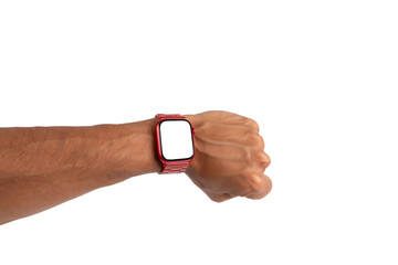 Male hand wearing a red smartwatch isolated no background blanc screen - Powered by Adobe