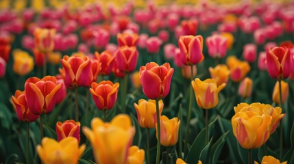 Obraz premium Tulips in vibrant bloom in a Dutch tulip field