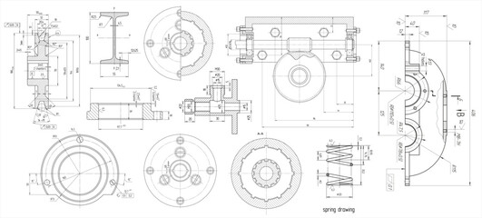 Vector engineering drawing of steel mechanical 
parts with through holes.  Industrial cad scheme on white paper sheets. Technology background.