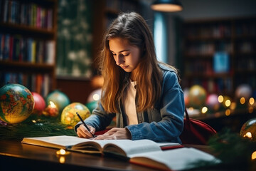 A girl with books in a library or in a geography classroom with globes. Education. study. Exam preparation. Back to school