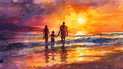 Fototapeta premium Serene Family Vacation: Watercolor Waves and Vibrant Sunset at Beach