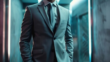 Male CEO in light grey suit, torso view, password entry field backdrop, modern office setting, representing secure login, cybernetic tone, Analogous Color Scheme