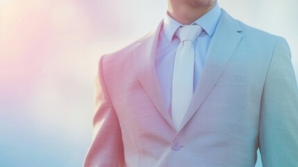 Male CEO in light grey suit, torso view, on call with international partners, virtual meeting backdrop, depicting global business connections, futuristic tone, colored pastel