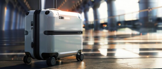 Highdefinition shot of a smart suitcase with builtin tracking and charging capabilities, with room for text