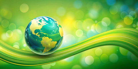 Globe representing the Earth is centered, with America visible in front of a vivid green background filled with bokeh effects.Dynamic, flowing green wave runs along the bottom. Earth Day concept.AI