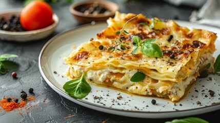 Portion of traditional italian lasagne/lasagna on white plate 