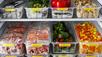 A refrigerator full of frozen food in plastic containers, including vegetables and fish, with yellow straps for clipping to keep them from falling down inside the fridge