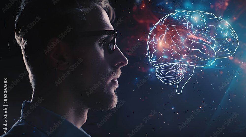 Poster Close up portrait of a man from the side in profile and a hologram of a working brain The concept of intelligence brain work thought process : Generative AI