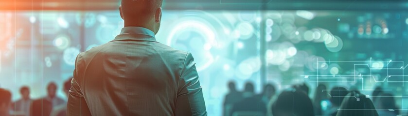 Fototapeta premium Male CEO in light grey suit, torso view, leading global strategy meeting, hightech boardroom backdrop, showcasing international leadership, scifi tone, Monochromatic Color Scheme