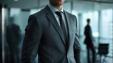 Fototapeta premium Male CEO in charcoal grey suit, torso view, networking at global forum, sleek conference room backdrop, symbolizing global corporate influence, digital tone, Triadic Color Scheme