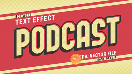 Podcast vintage retro editable text effect, bold 3D style