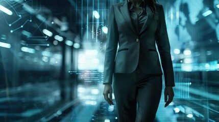 Female CEO in charcoal grey suit, torso view, reviewing global trade report, modern office backdrop, representing global commerce expertise, cybernetic tone, Analogous Color Scheme